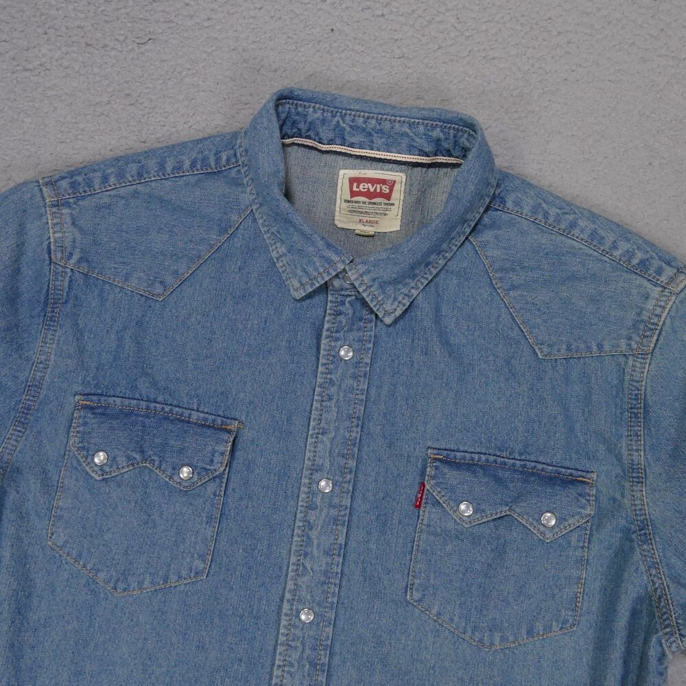 Levi's Denim Pearl Snap Shirt Mens XL Blue Sawtooth Western Yoke Cowboy Rodeo
